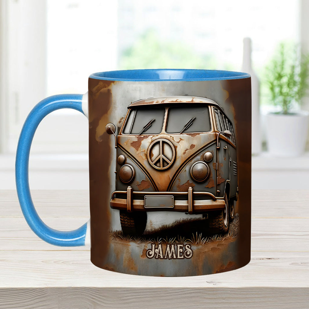 Mug personnalisé style hippie avec symbole de paix et motif camping-car vintage