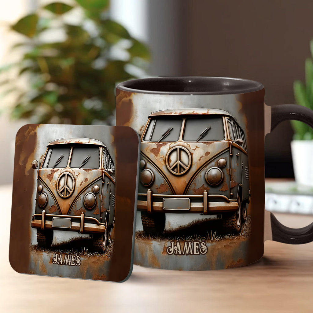 Mug personnalisé style hippie avec symbole de paix et motif camping-car vintage