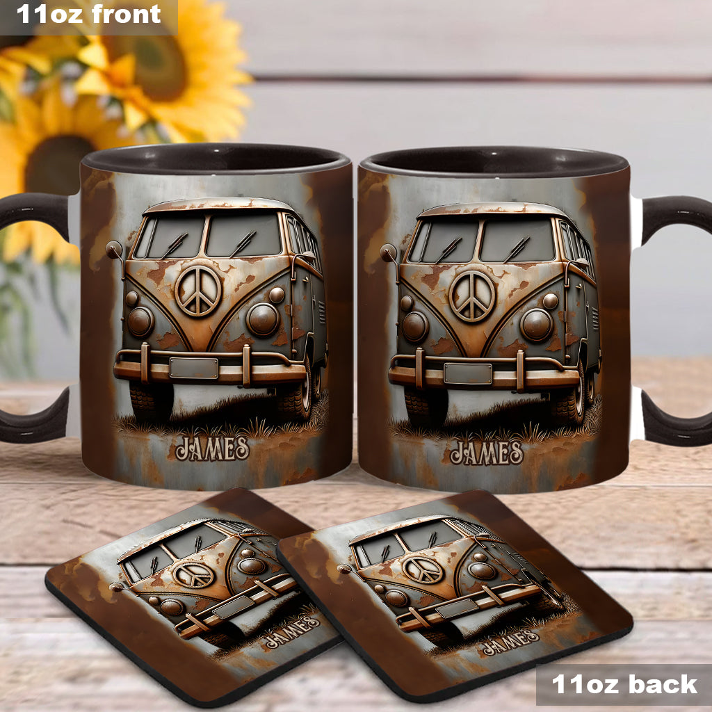 Mug personnalisé style hippie avec symbole de paix et motif camping-car vintage