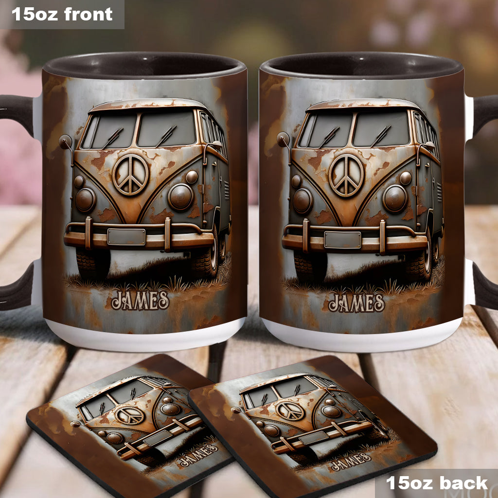 Mug personnalisé style hippie avec symbole de paix et motif camping-car vintage