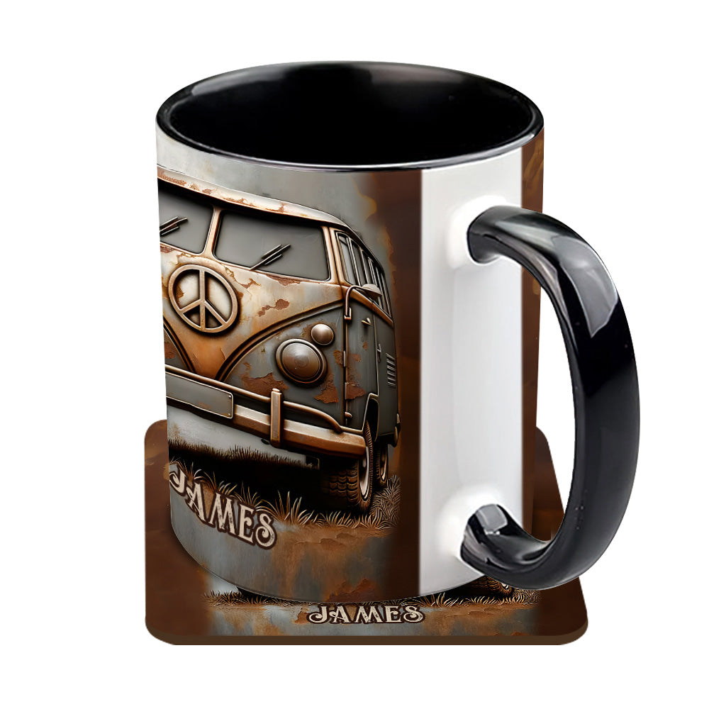 Mug personnalisé style hippie avec symbole de paix et motif camping-car vintage