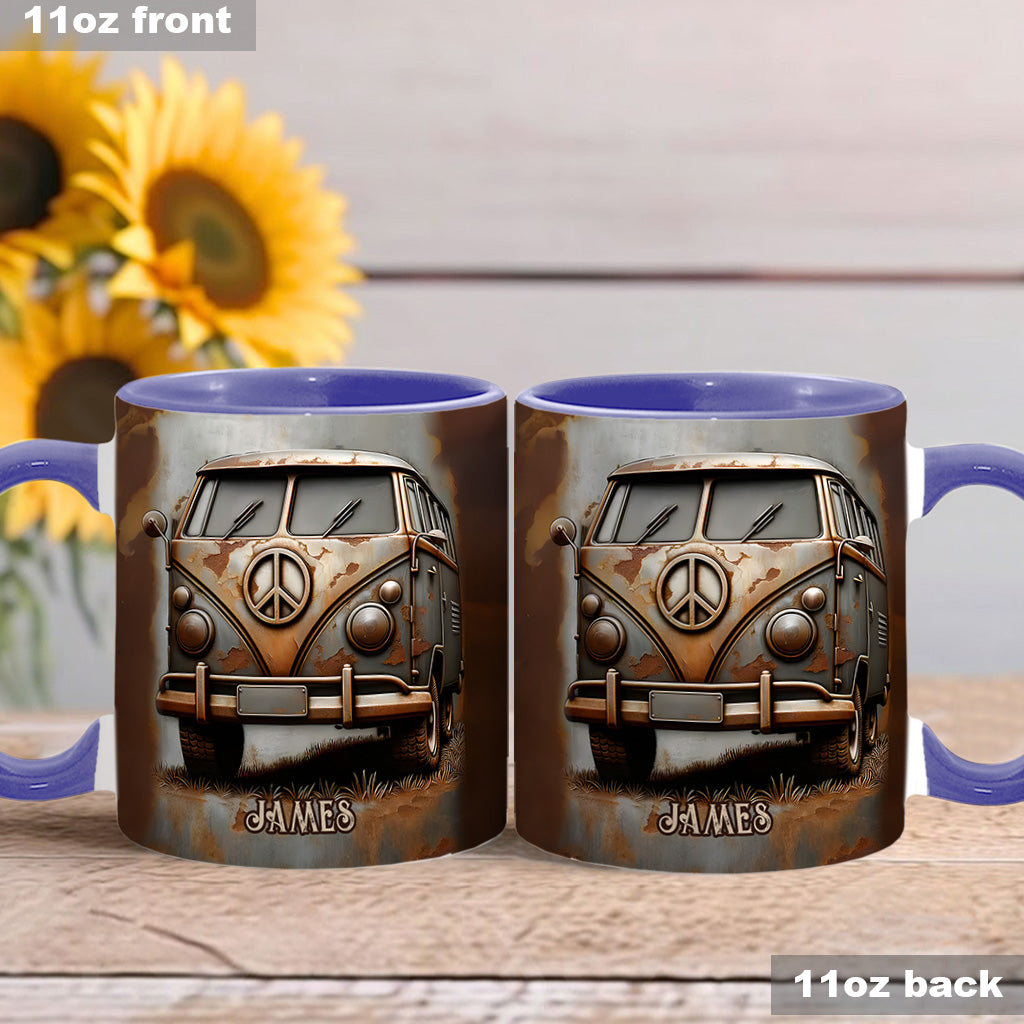 Mug personnalisé style hippie avec symbole de paix et motif camping-car vintage