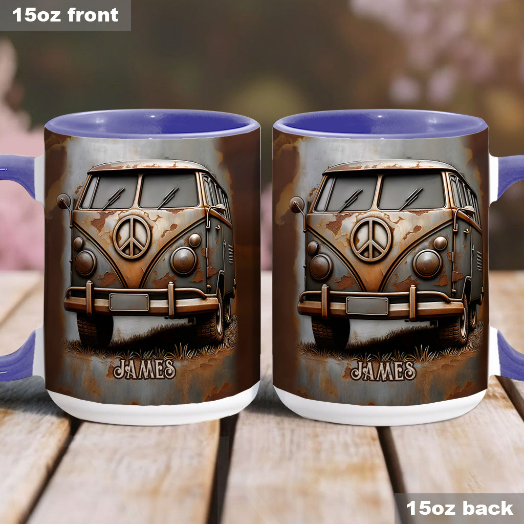 Mug personnalisé style hippie avec symbole de paix et motif camping-car vintage
