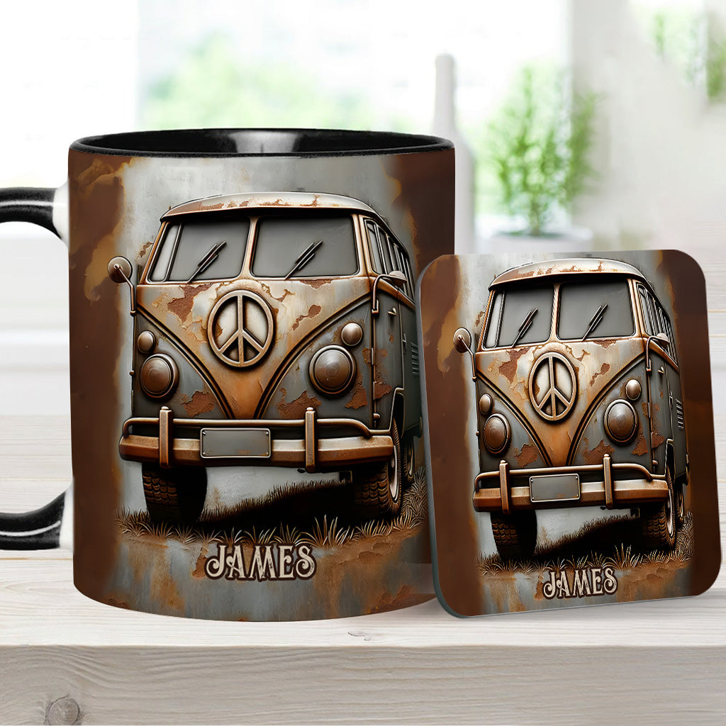 Mug personnalisé style hippie avec symbole de paix et motif camping-car vintage
