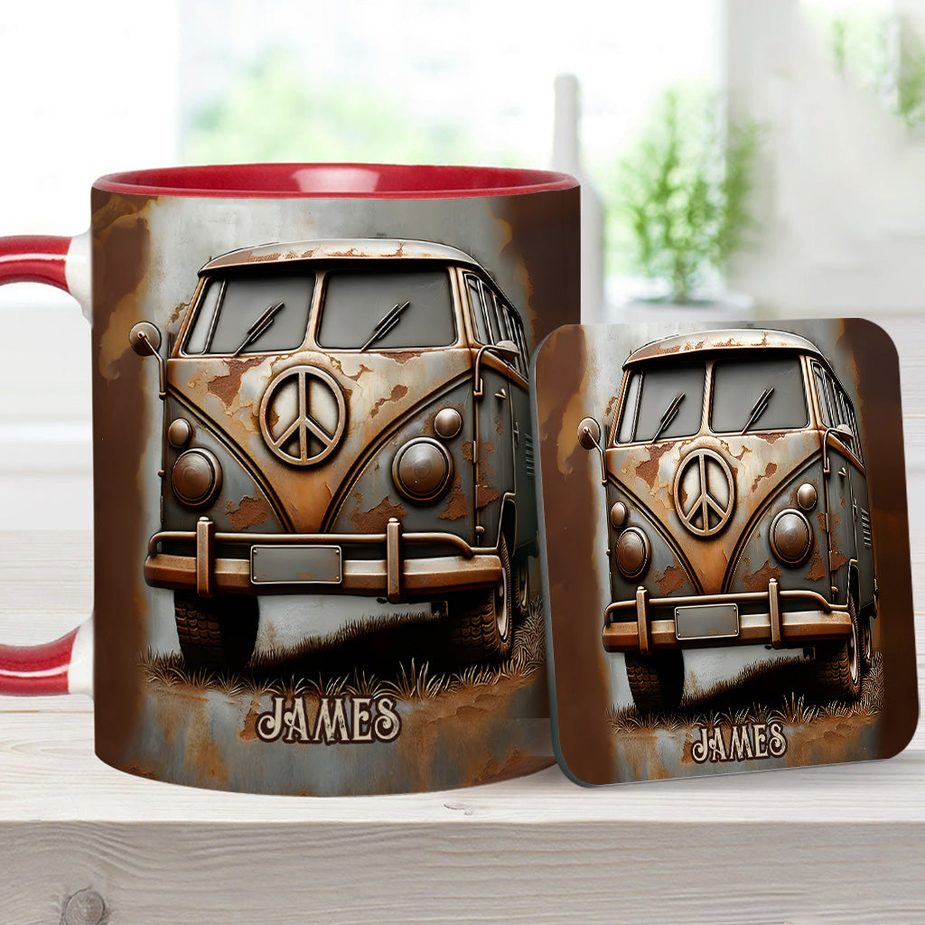 Mug personnalisé style hippie avec symbole de paix et motif camping-car vintage