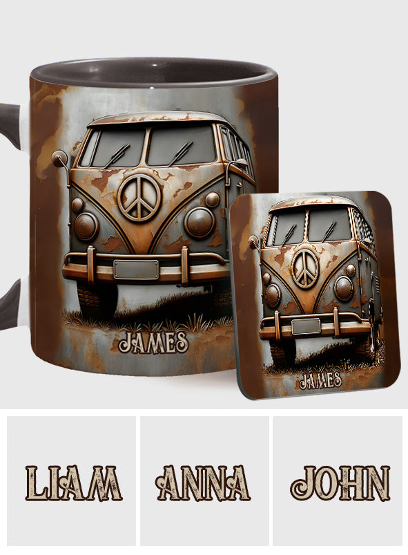 Mug personnalisé style hippie avec symbole de paix et motif camping-car vintage