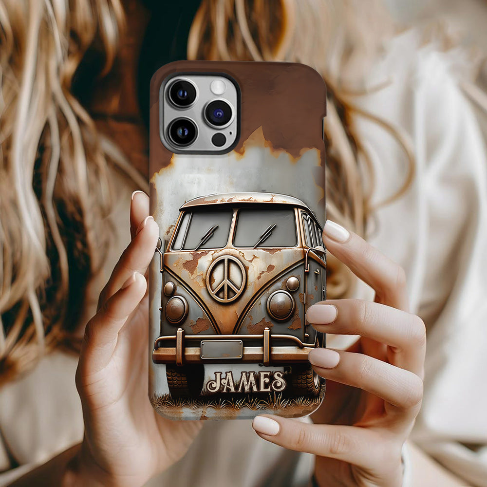 Coque de téléphone personnalisée style hippie vintage, motif « Camping-car, symbole de paix et âme », imprimée intégralement, avec symbole de paix et camping-car.