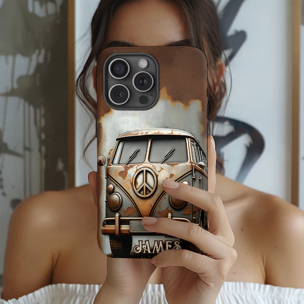 Coque de téléphone personnalisée style hippie vintage, motif « Camping-car, symbole de paix et âme », imprimée intégralement, avec symbole de paix et camping-car.