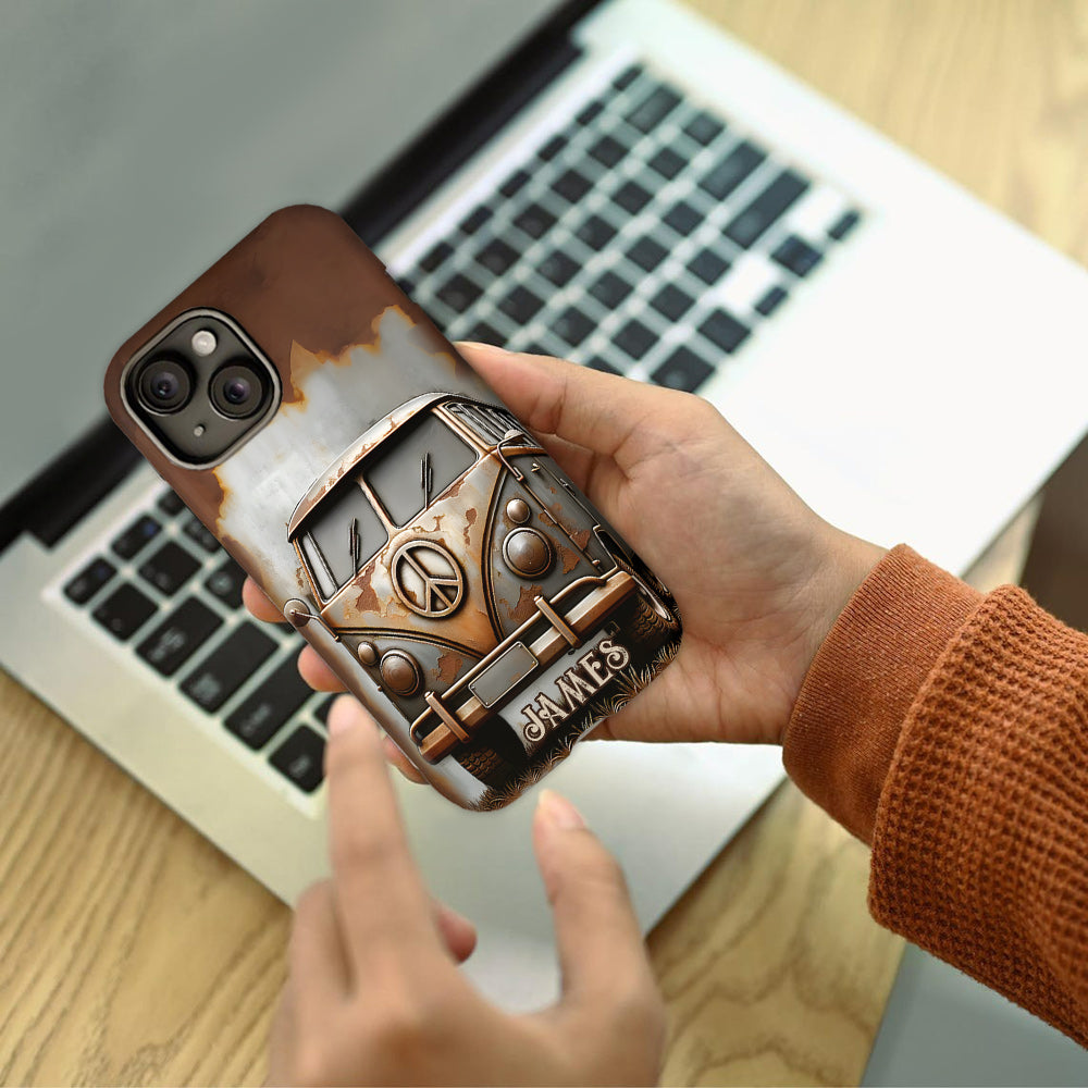 Coque de téléphone personnalisée style hippie vintage, motif « Camping-car, symbole de paix et âme », imprimée intégralement, avec symbole de paix et camping-car.