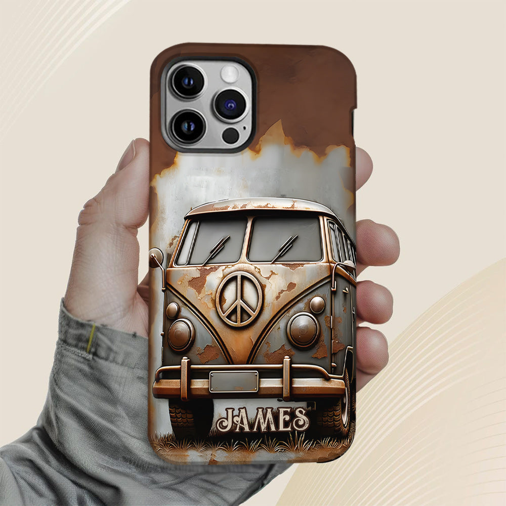 Coque de téléphone personnalisée style hippie vintage, motif « Camping-car, symbole de paix et âme », imprimée intégralement, avec symbole de paix et camping-car.