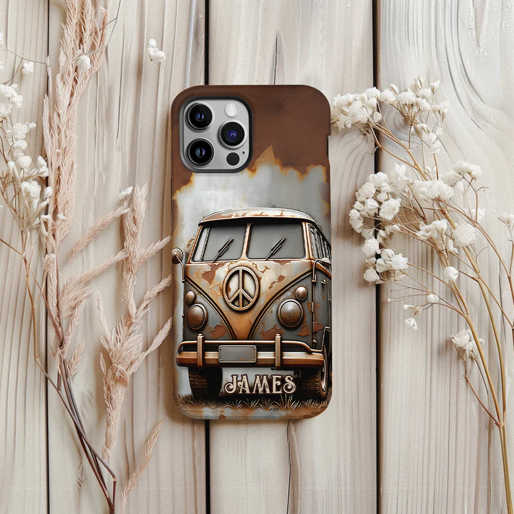 Coque de téléphone personnalisée style hippie vintage, motif « Camping-car, symbole de paix et âme », imprimée intégralement, avec symbole de paix et camping-car.