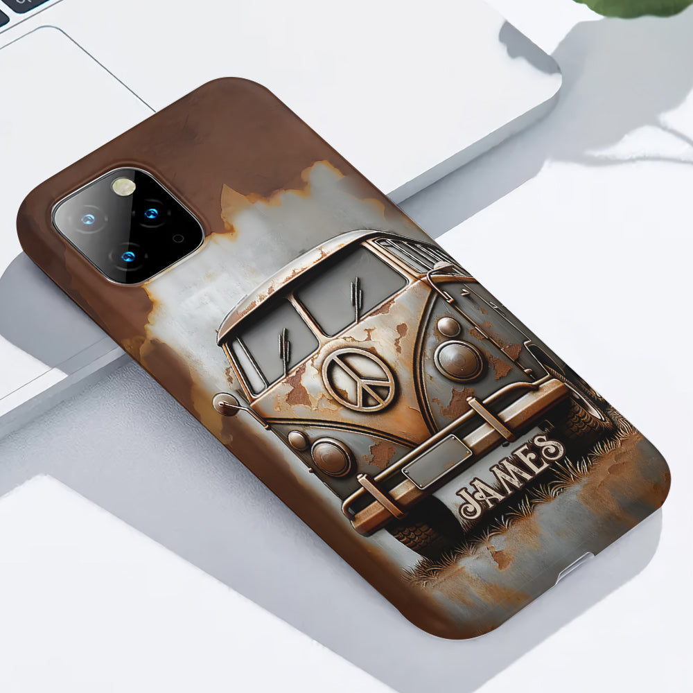 Coque de téléphone personnalisée style hippie vintage, motif « Camping-car, symbole de paix et âme », imprimée intégralement, avec symbole de paix et camping-car.