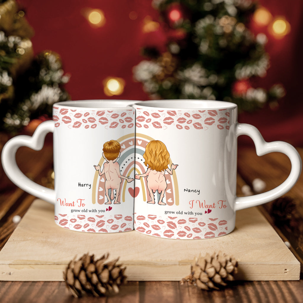 I Want To grow old with you - Personalized Couple Matching Heart Handle Mug