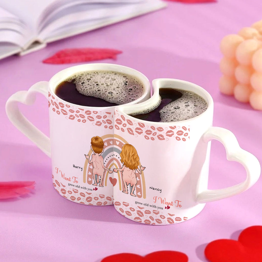 I Want To grow old with you - Personalized Couple Matching Heart Handle Mug