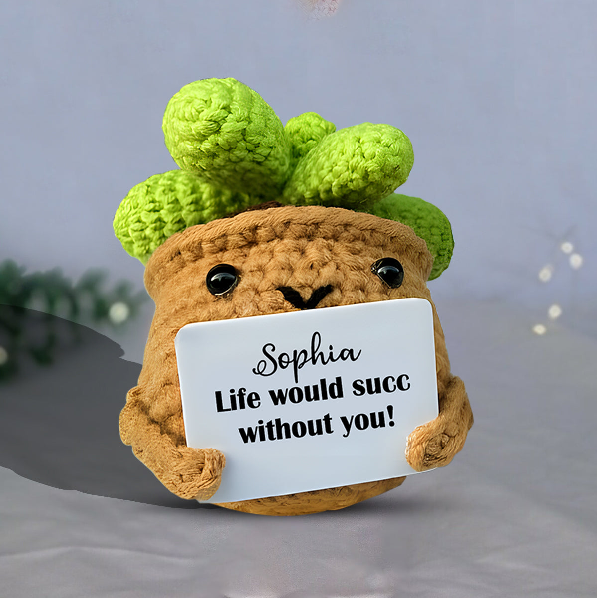 Gehäkelter Kaktus mit positivem Spruch – personalisierte, handgestrickte Kaktusfigur