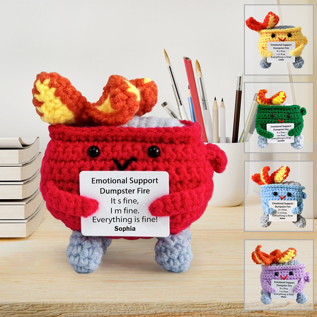 Niedliche, emotionale Unterstützung – gehäkelte Mülltonnenbrand-Figur – personalisierte, handgestrickte Kollegenfigur