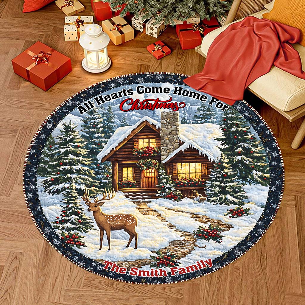 Alle Herzen kommen zu Weihnachten nach Hause - Personalisierter runder Familienteppich