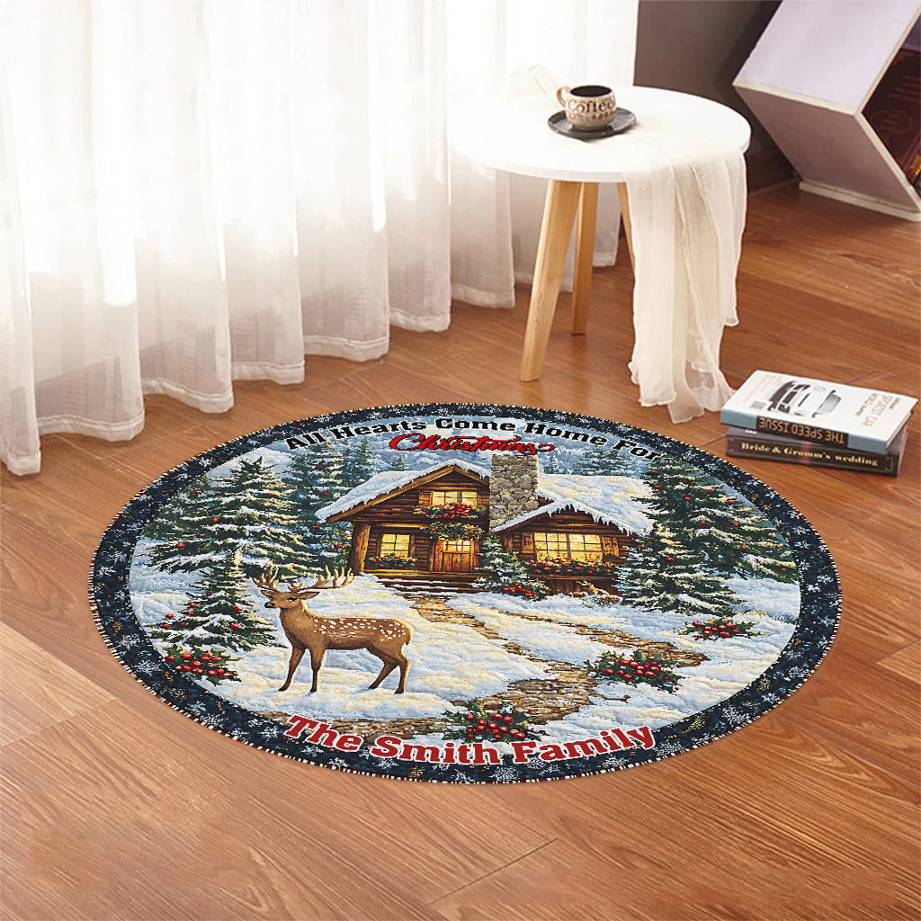 Alle Herzen kommen zu Weihnachten nach Hause - Personalisierter runder Familienteppich