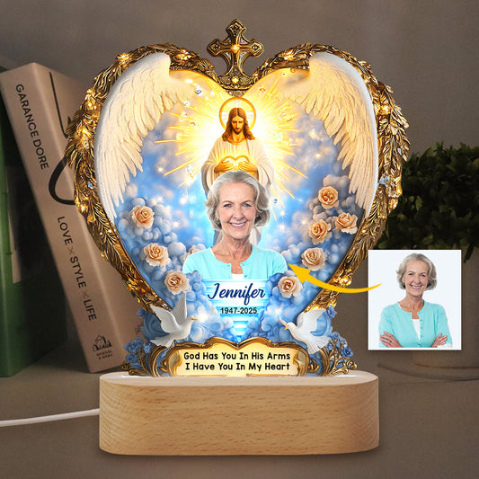 God Has You In His Arms - Personalized Memorial Shaped Plaque Light Base