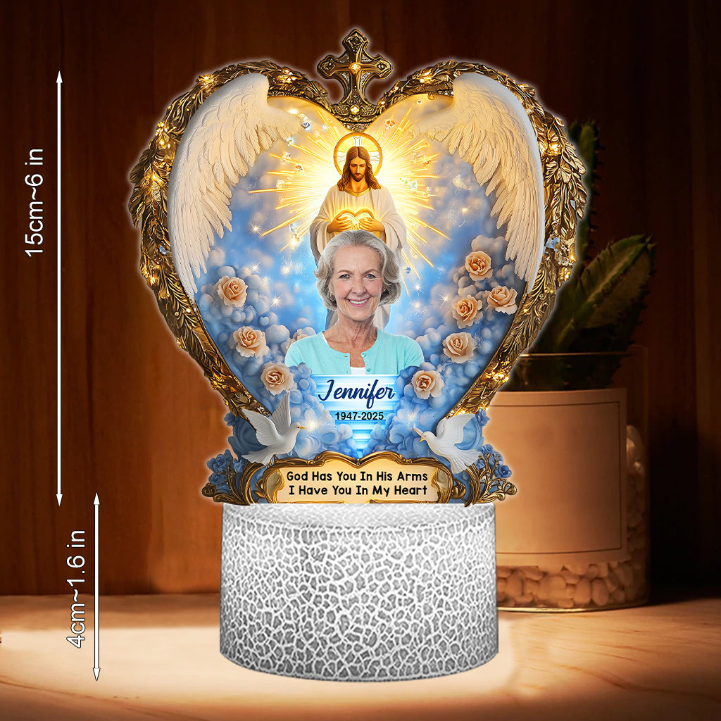 God Has You In His Arms - Personalized Memorial Shaped Plaque Light Base