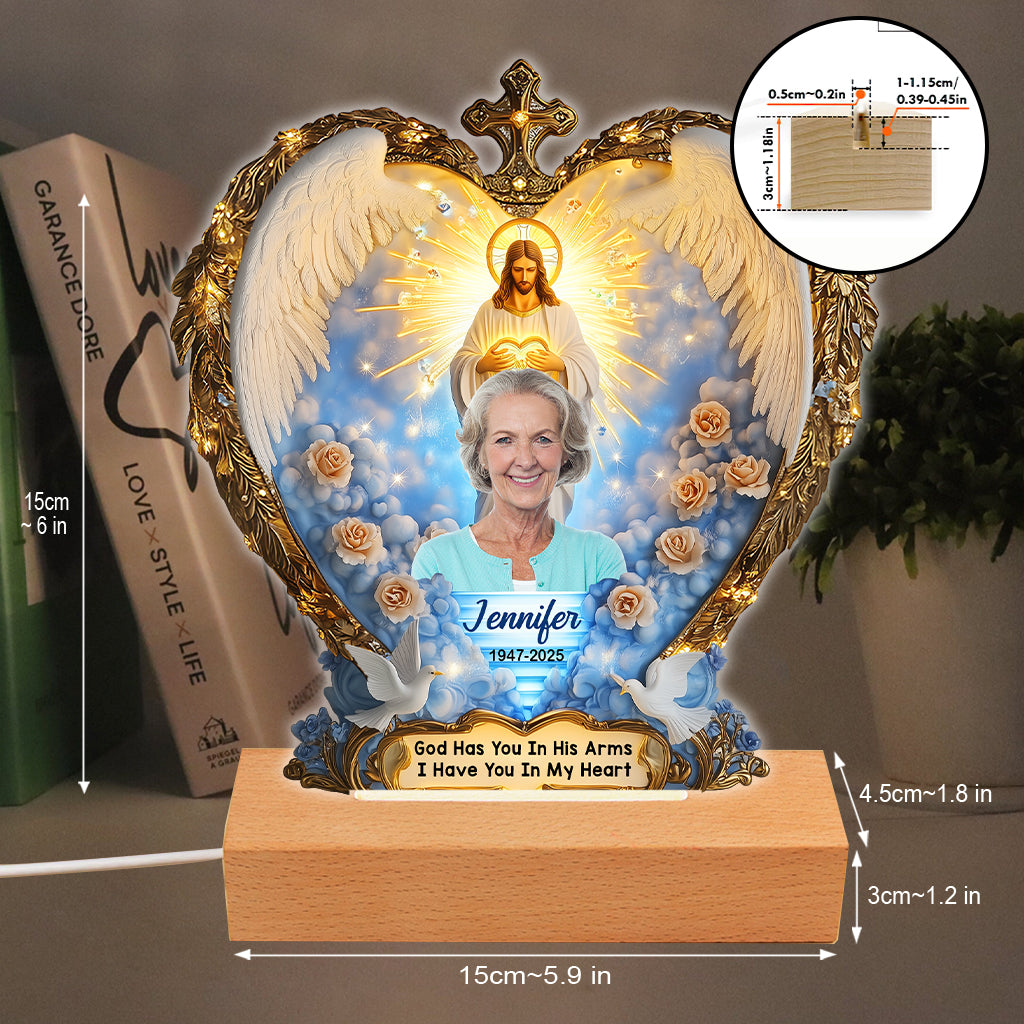 God Has You In His Arms - Personalized Memorial Shaped Plaque Light Base