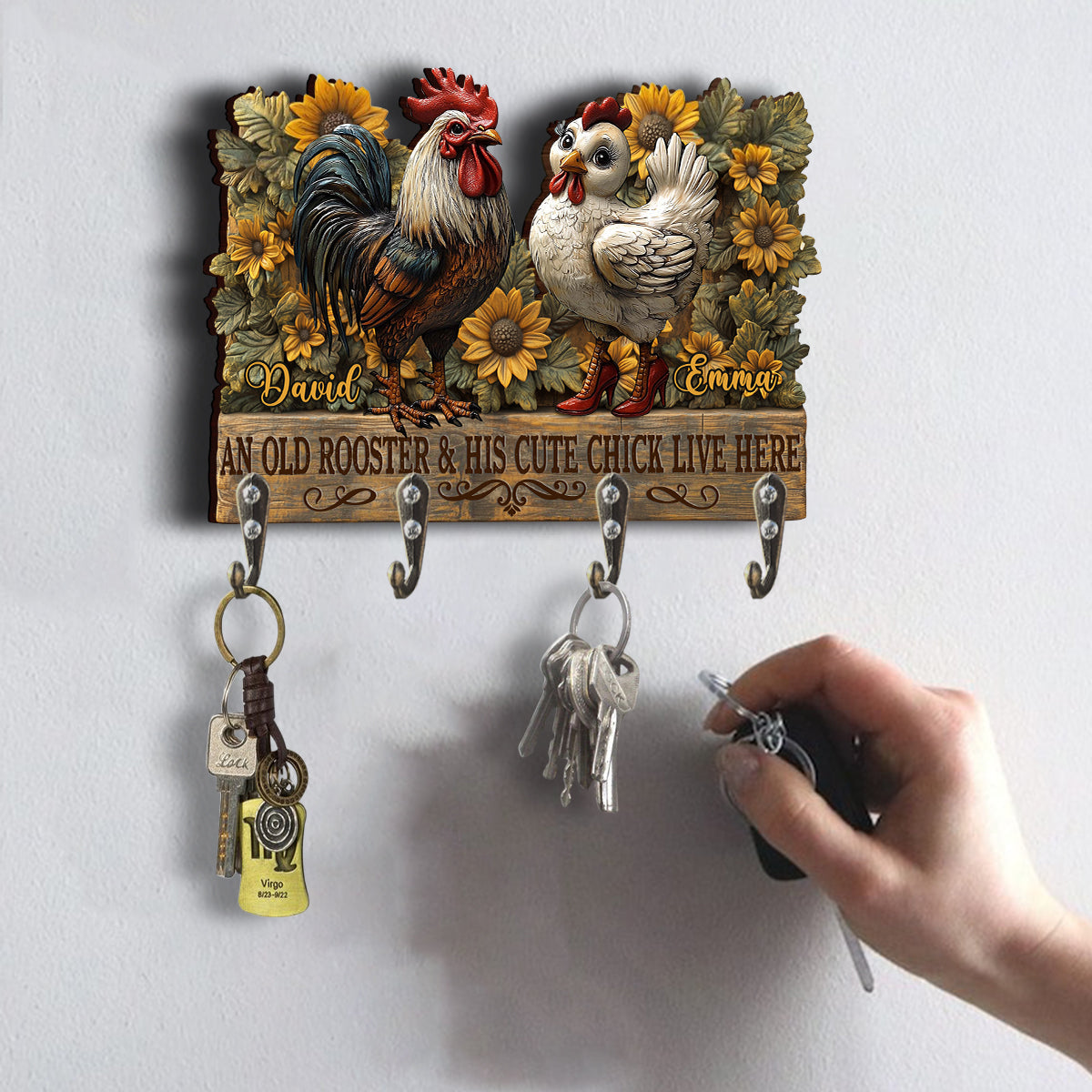 An Old Rooster And His Cute Chick Live Here - Personalized Farmer Custom Shaped Key Rack