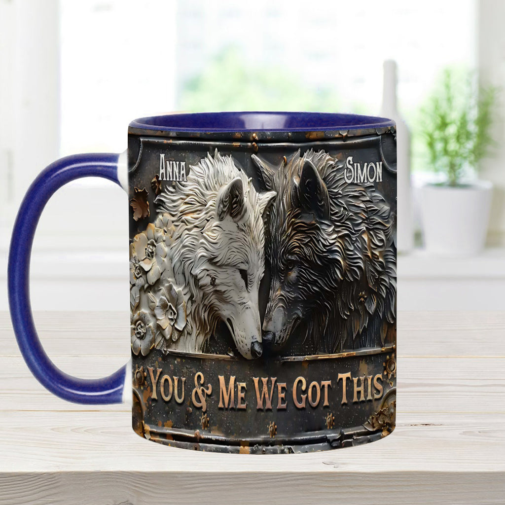 „Du und ich, wir schaffen das“ – personalisierte Tasse mit Wolfsmotiv
