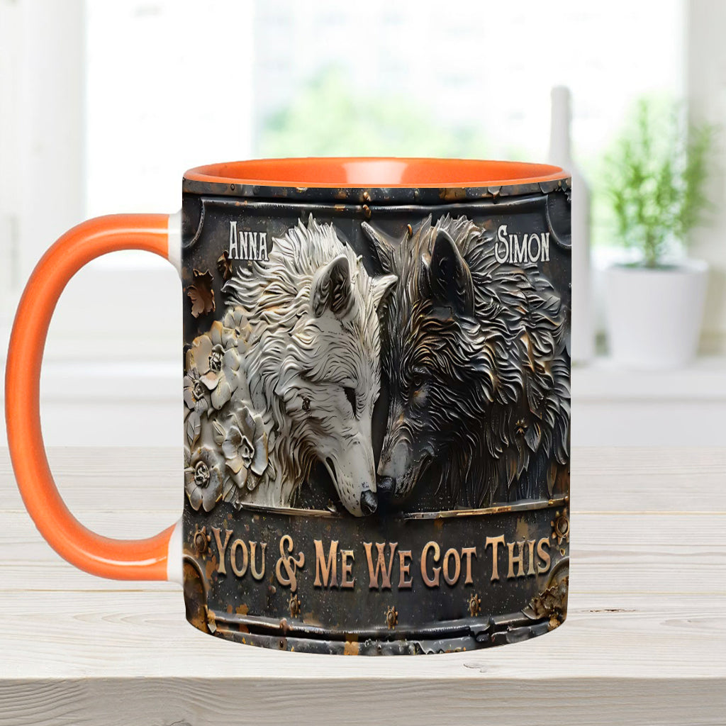 „Du und ich, wir schaffen das“ – personalisierte Tasse mit Wolfsmotiv
