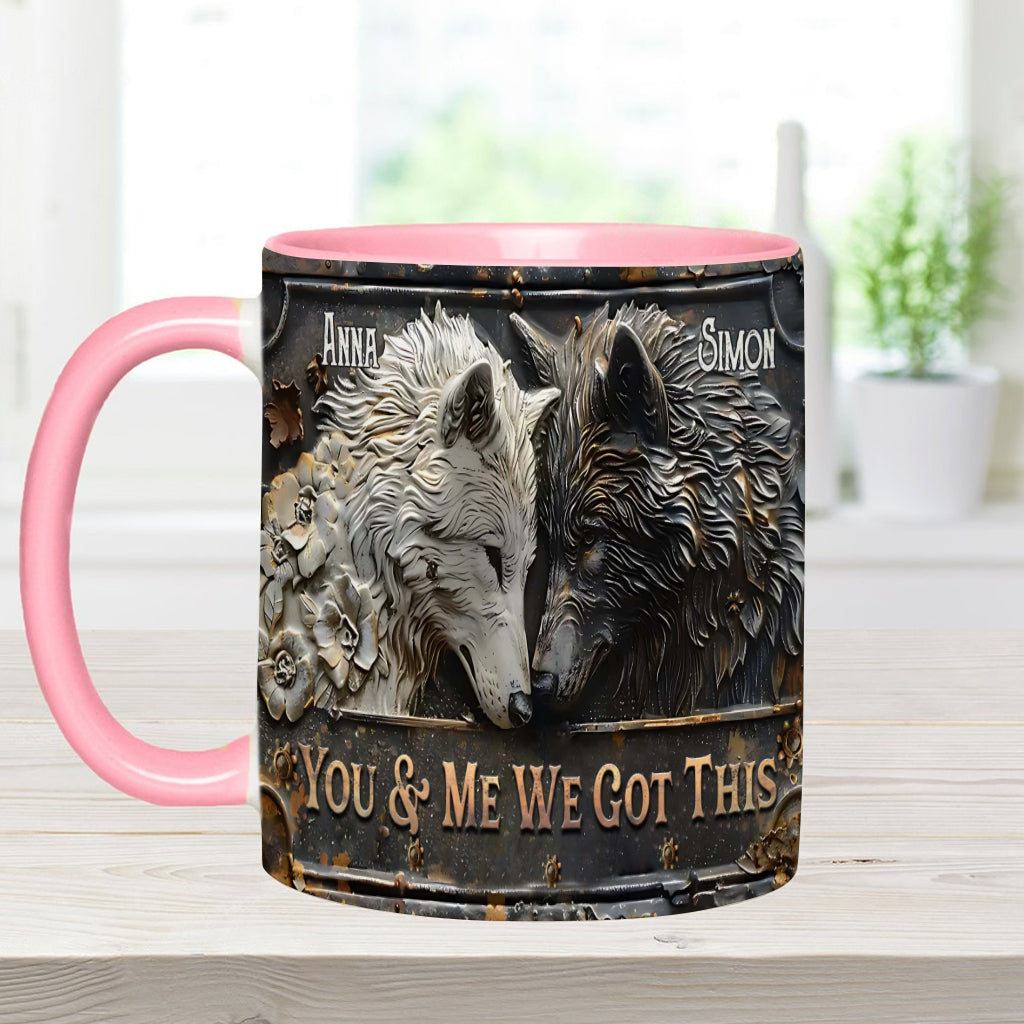 „Du und ich, wir schaffen das“ – personalisierte Tasse mit Wolfsmotiv