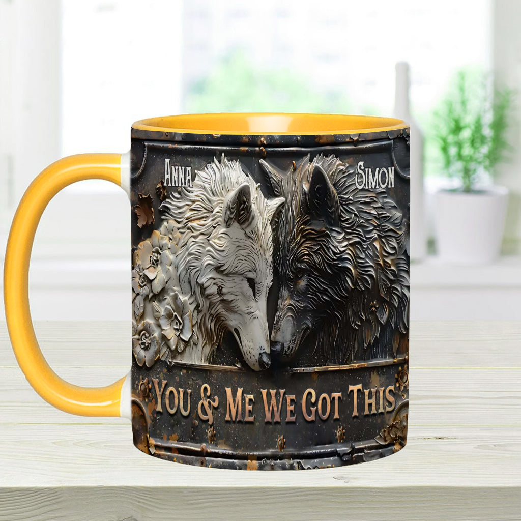 „Du und ich, wir schaffen das“ – personalisierte Tasse mit Wolfsmotiv