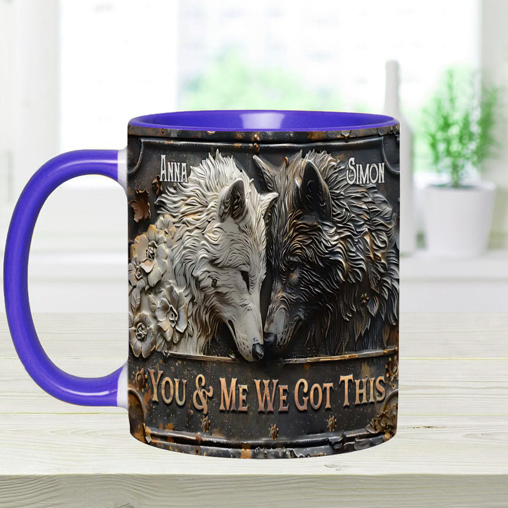 „Du und ich, wir schaffen das“ – personalisierte Tasse mit Wolfsmotiv