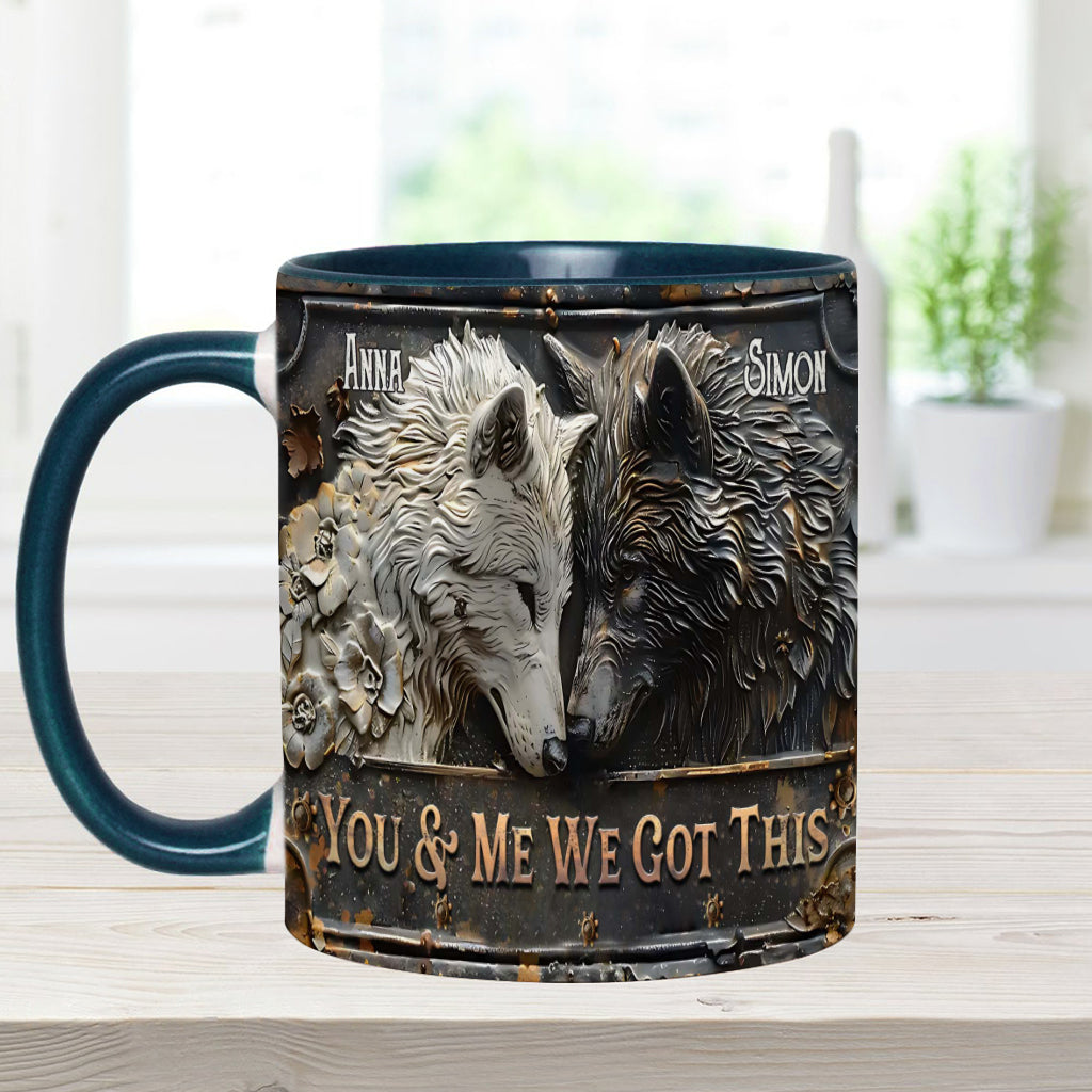 „Du und ich, wir schaffen das“ – personalisierte Tasse mit Wolfsmotiv