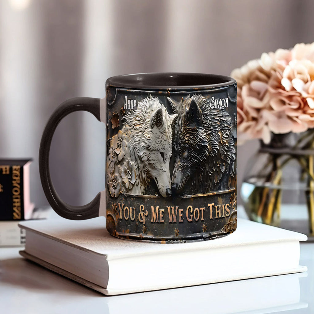 „Du und ich, wir schaffen das“ – personalisierte Tasse mit Wolfsmotiv