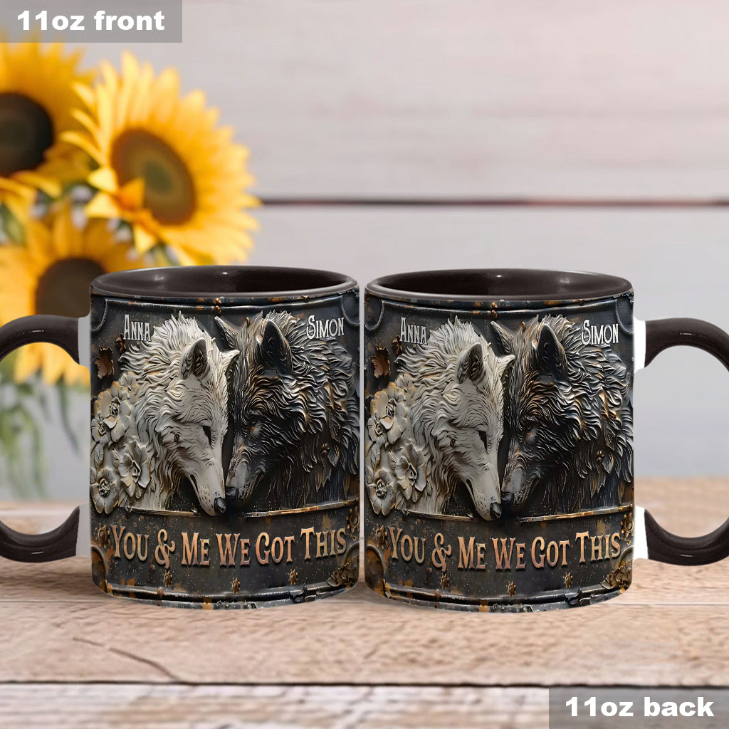 „Du und ich, wir schaffen das“ – personalisierte Tasse mit Wolfsmotiv