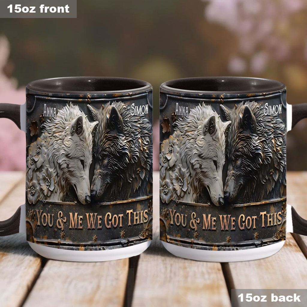„Du und ich, wir schaffen das“ – personalisierte Tasse mit Wolfsmotiv