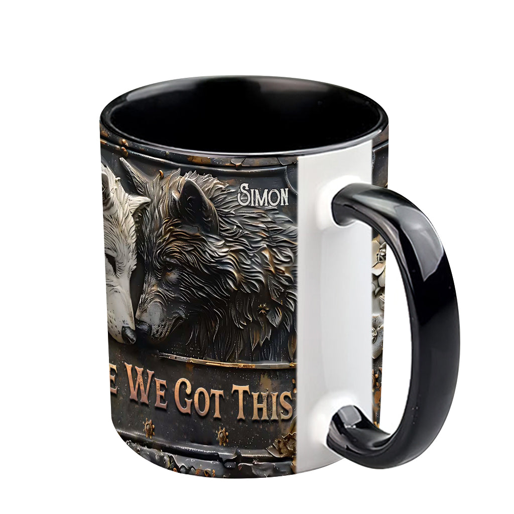 „Du und ich, wir schaffen das“ – personalisierte Tasse mit Wolfsmotiv