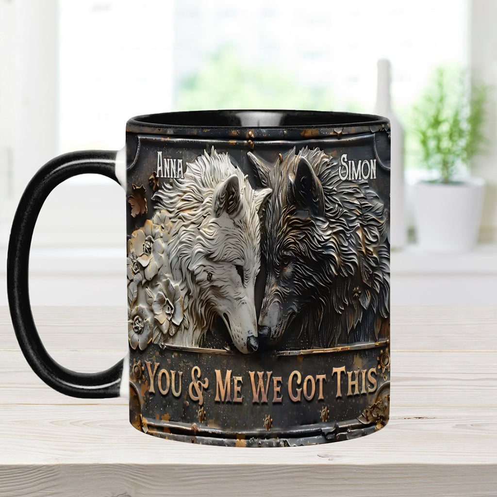 „Du und ich, wir schaffen das“ – personalisierte Tasse mit Wolfsmotiv
