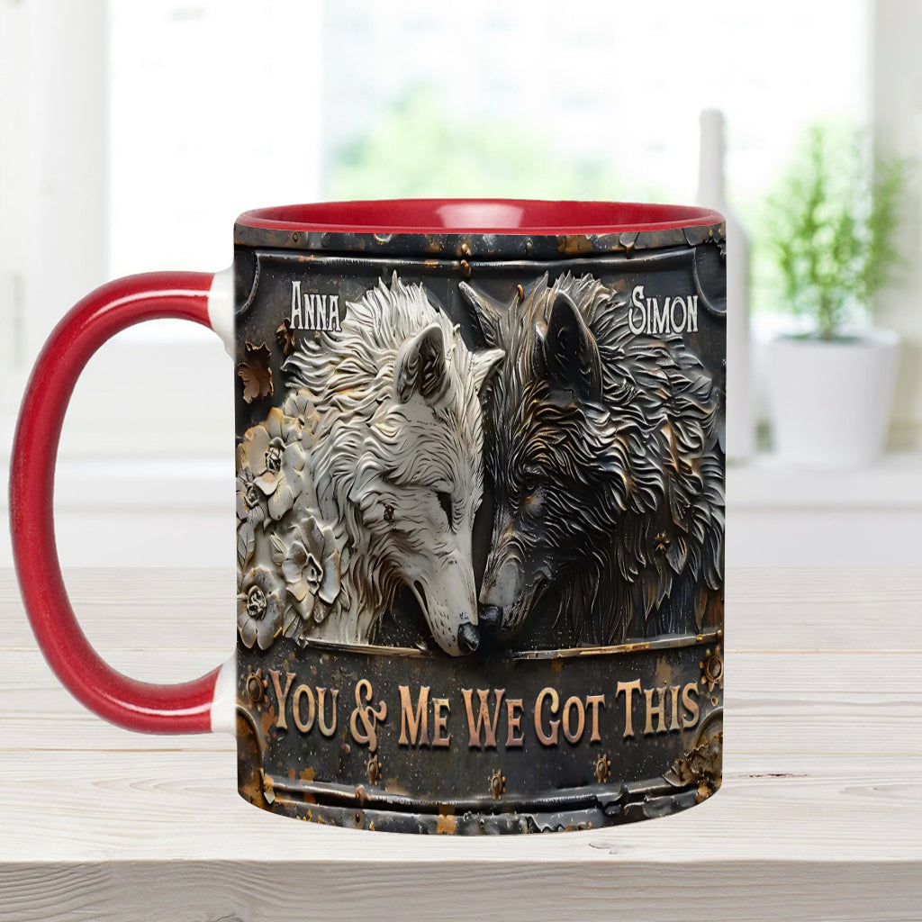 „Du und ich, wir schaffen das“ – personalisierte Tasse mit Wolfsmotiv