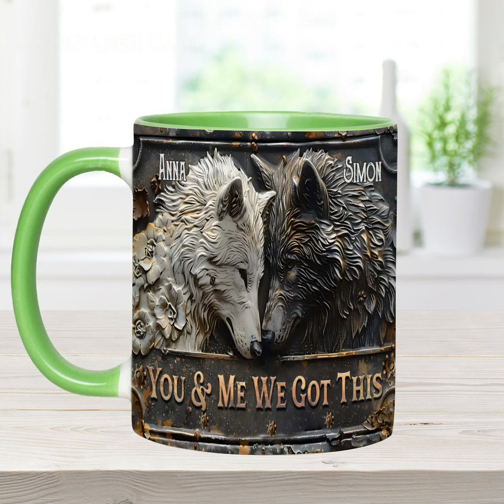 „Du und ich, wir schaffen das“ – personalisierte Tasse mit Wolfsmotiv
