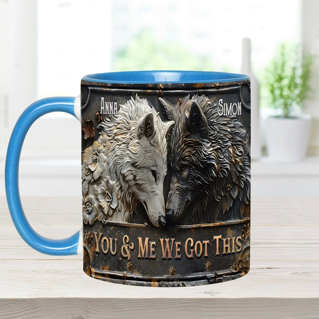 „Du und ich, wir schaffen das“ – personalisierte Tasse mit Wolfsmotiv