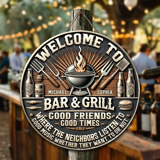Patio Grilling Listen To The Good Music - Personalized Couple Round Wood Sign