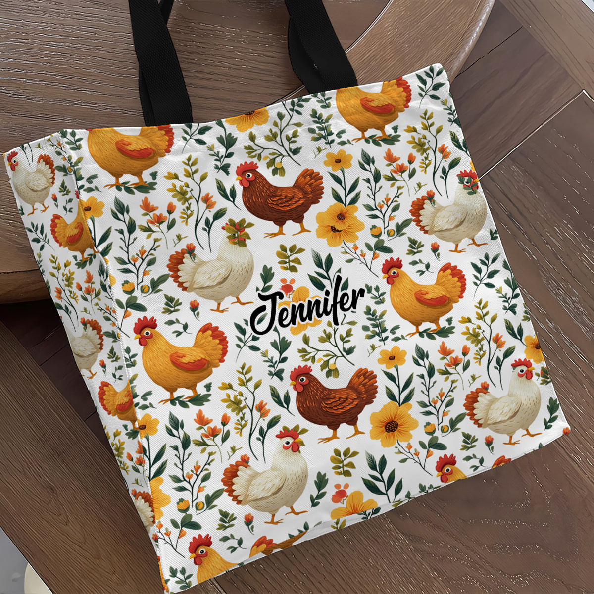 Niedliche Tragetasche aus Canvas mit Hühnermotiv und Blumenmuster – personalisierter Allover-Hühnerprint