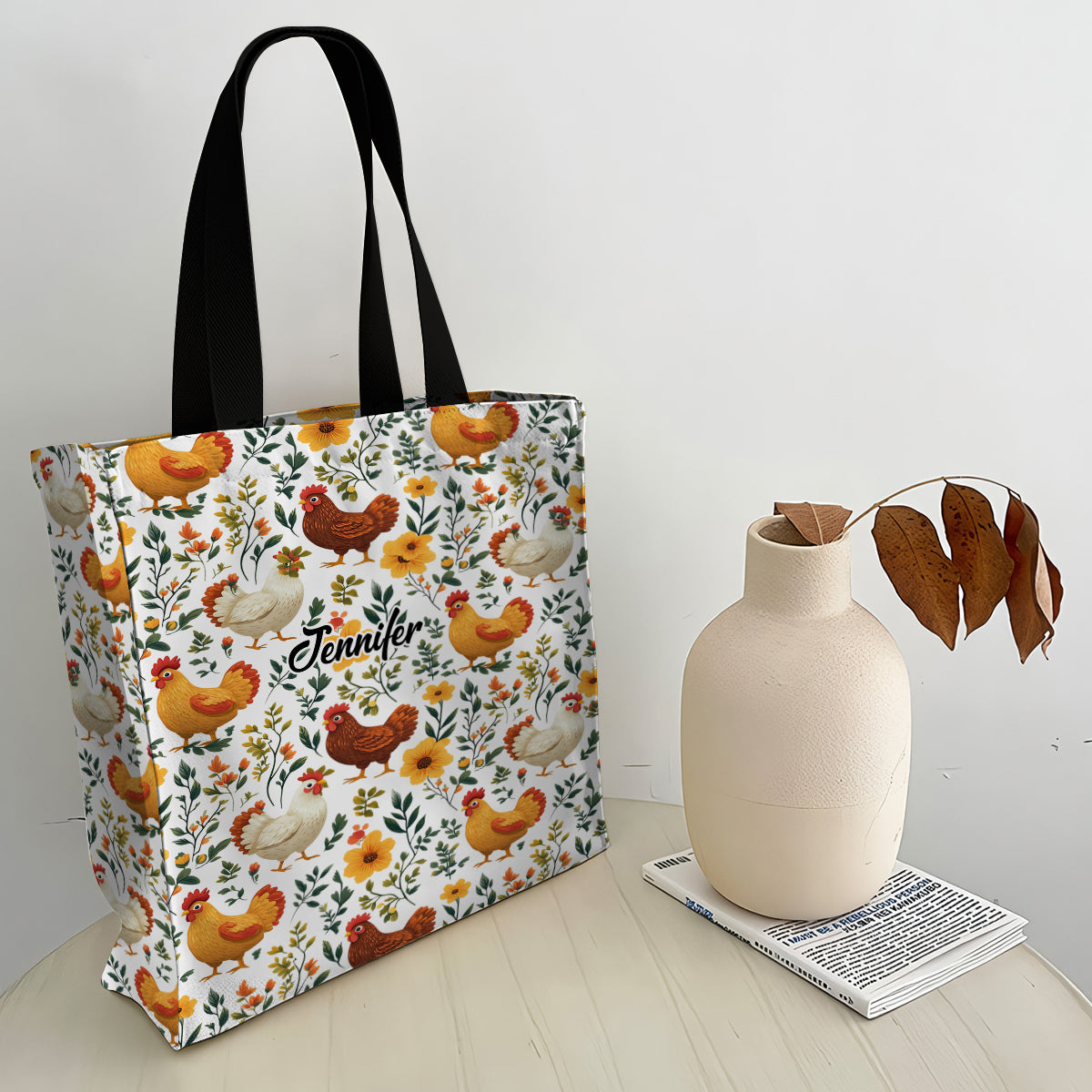 Niedliche Tragetasche aus Canvas mit Hühnermotiv und Blumenmuster – personalisierter Allover-Hühnerprint