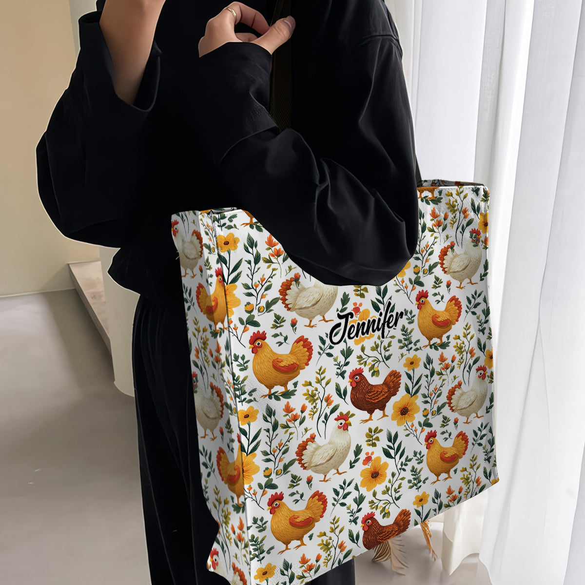 Niedliche Tragetasche aus Canvas mit Hühnermotiv und Blumenmuster – personalisierter Allover-Hühnerprint