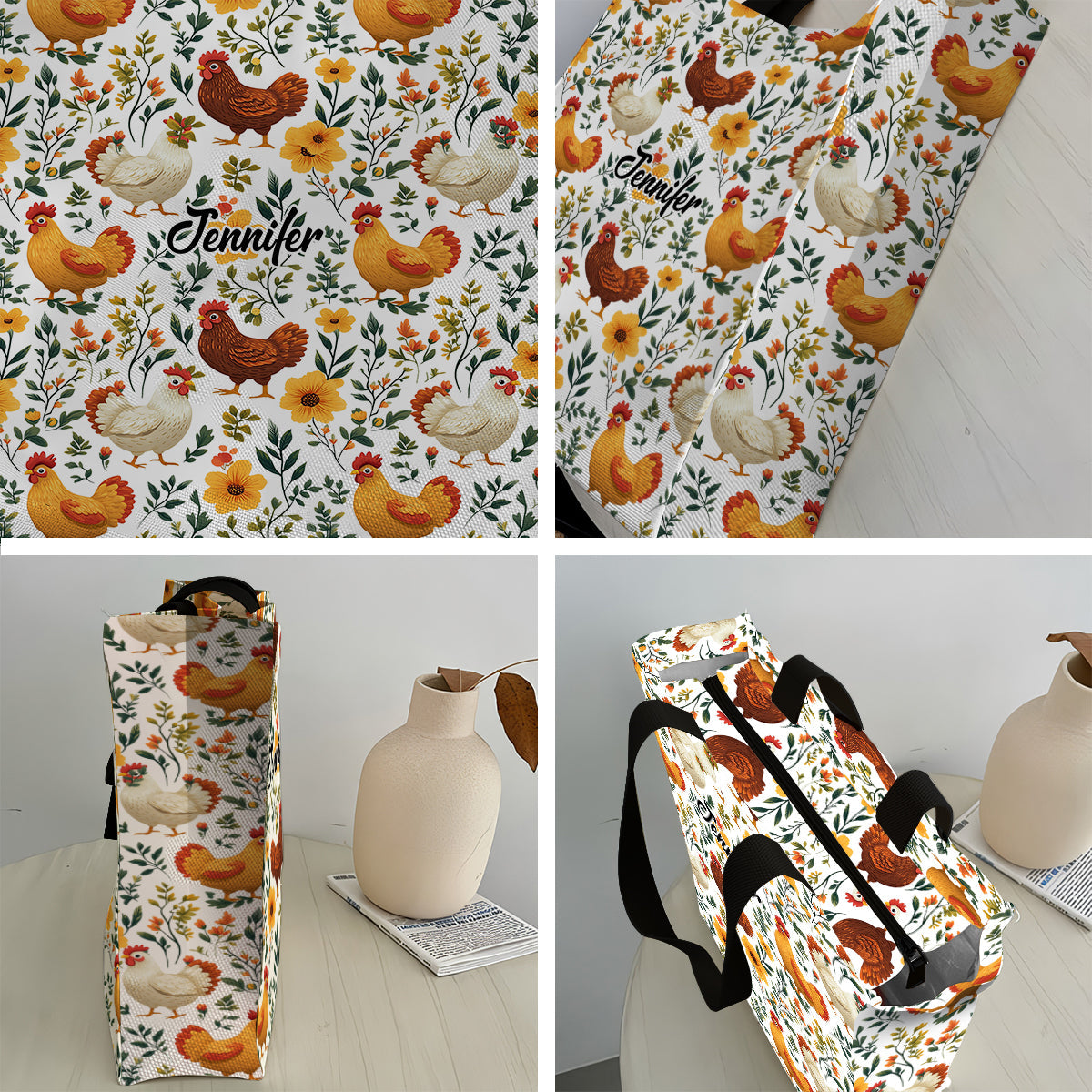 Niedliche Tragetasche aus Canvas mit Hühnermotiv und Blumenmuster – personalisierter Allover-Hühnerprint