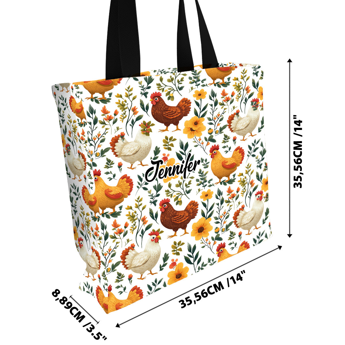Niedliche Tragetasche aus Canvas mit Hühnermotiv und Blumenmuster – personalisierter Allover-Hühnerprint