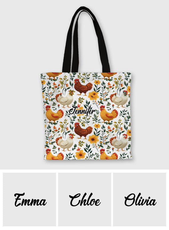 Niedliche Tragetasche aus Canvas mit Hühnermotiv und Blumenmuster – personalisierter Allover-Hühnerprint