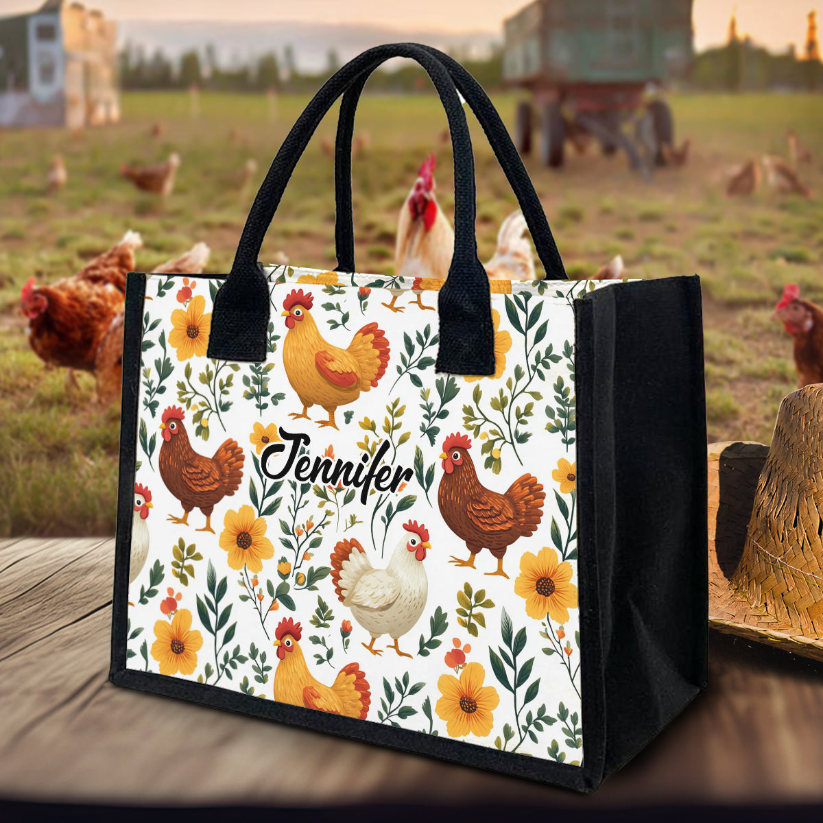 Niedliche Hühner mit Blumenmuster – Personalisierte Tragetasche aus Canvas mit Hühnermotiv