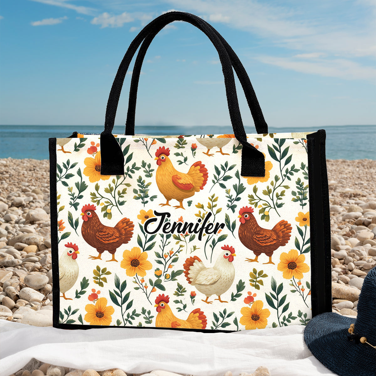 Niedliche Hühner mit Blumenmuster – Personalisierte Tragetasche aus Canvas mit Hühnermotiv