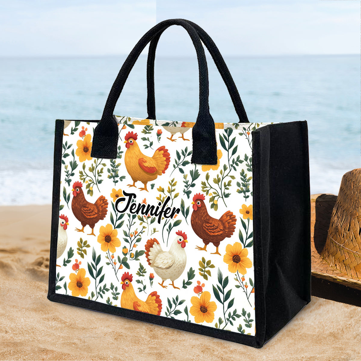 Niedliche Hühner mit Blumenmuster – Personalisierte Tragetasche aus Canvas mit Hühnermotiv